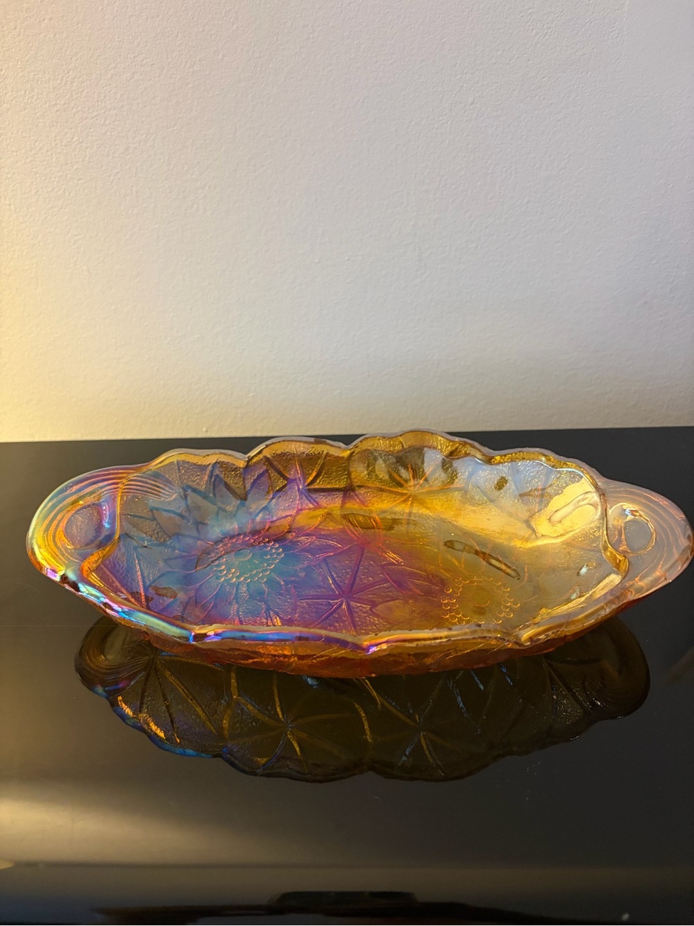 Vintage amber iridescent carnival glass serving dish